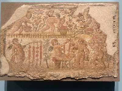 Mosaic emblema with cupids gathering roses in a garden